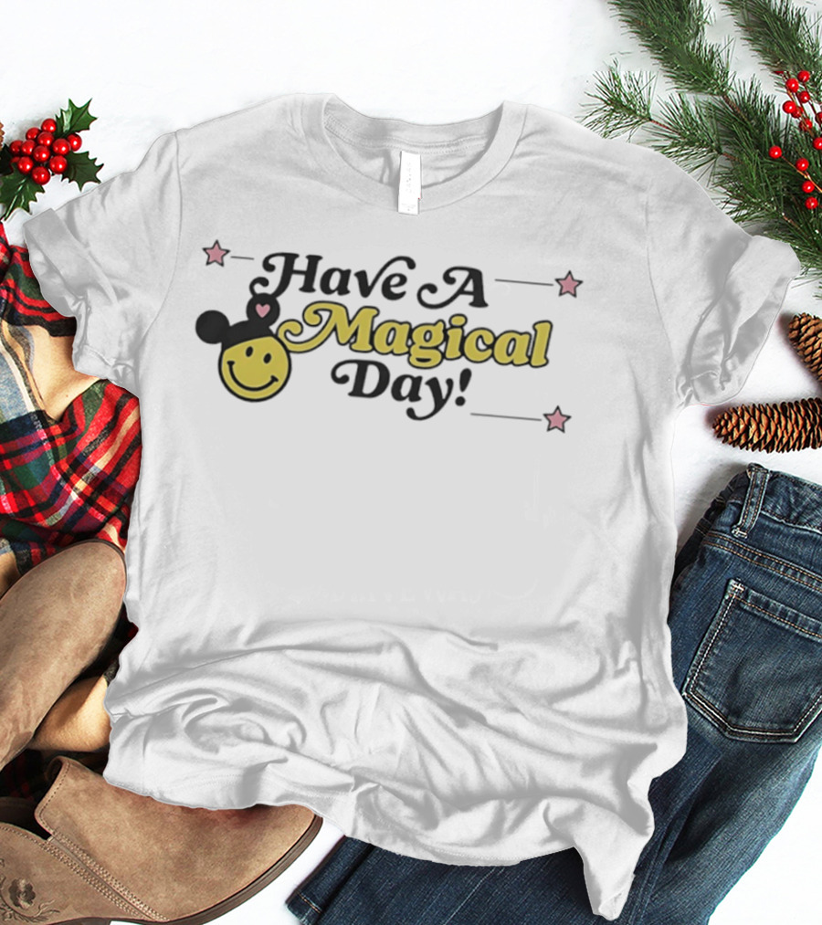 Have A Magical Day Smiley Face With Mouse Ears And Pink Stars T-Shirt