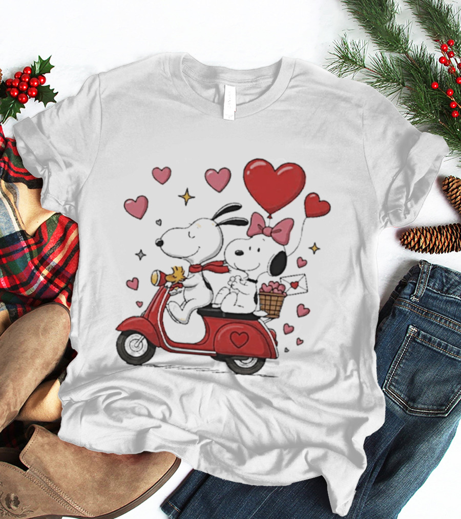 Valentines Day Snoopy Couple Riding Scooter With Hearts And Balloons T-Shirt
