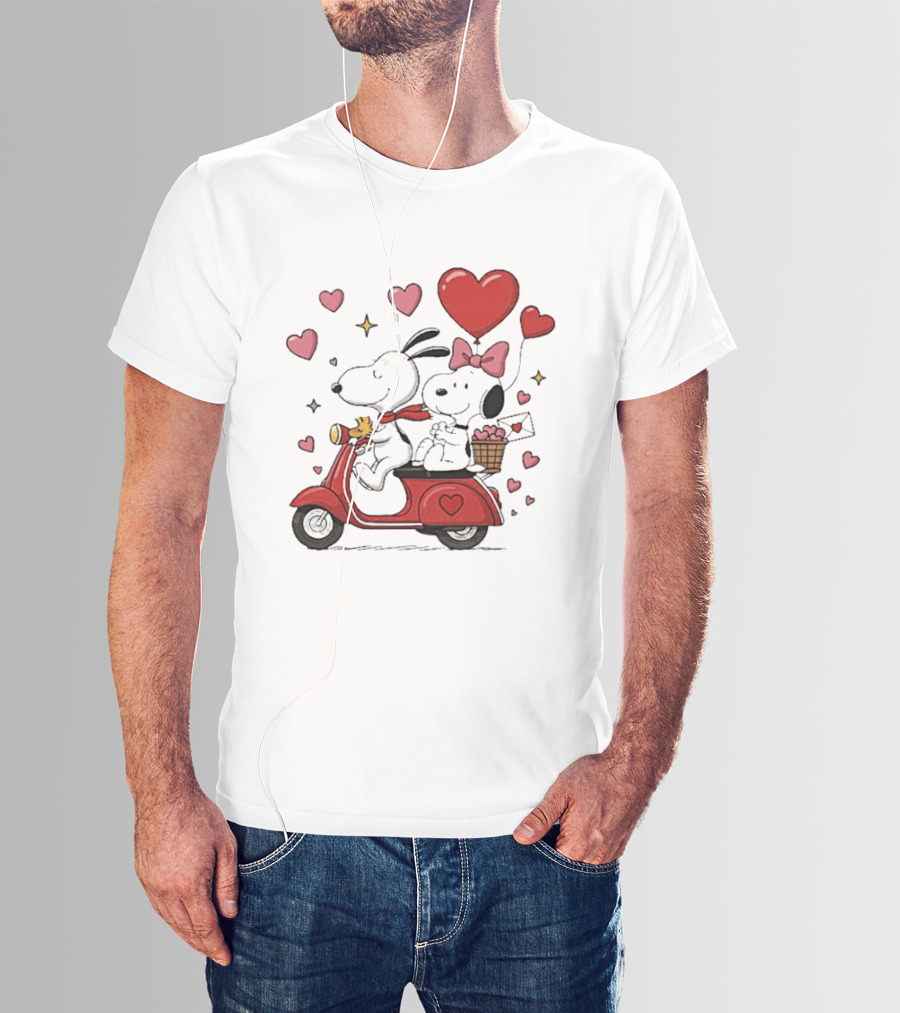 Valentines Day Snoopy Couple Riding Scooter With Hearts And Balloons T-Shirt