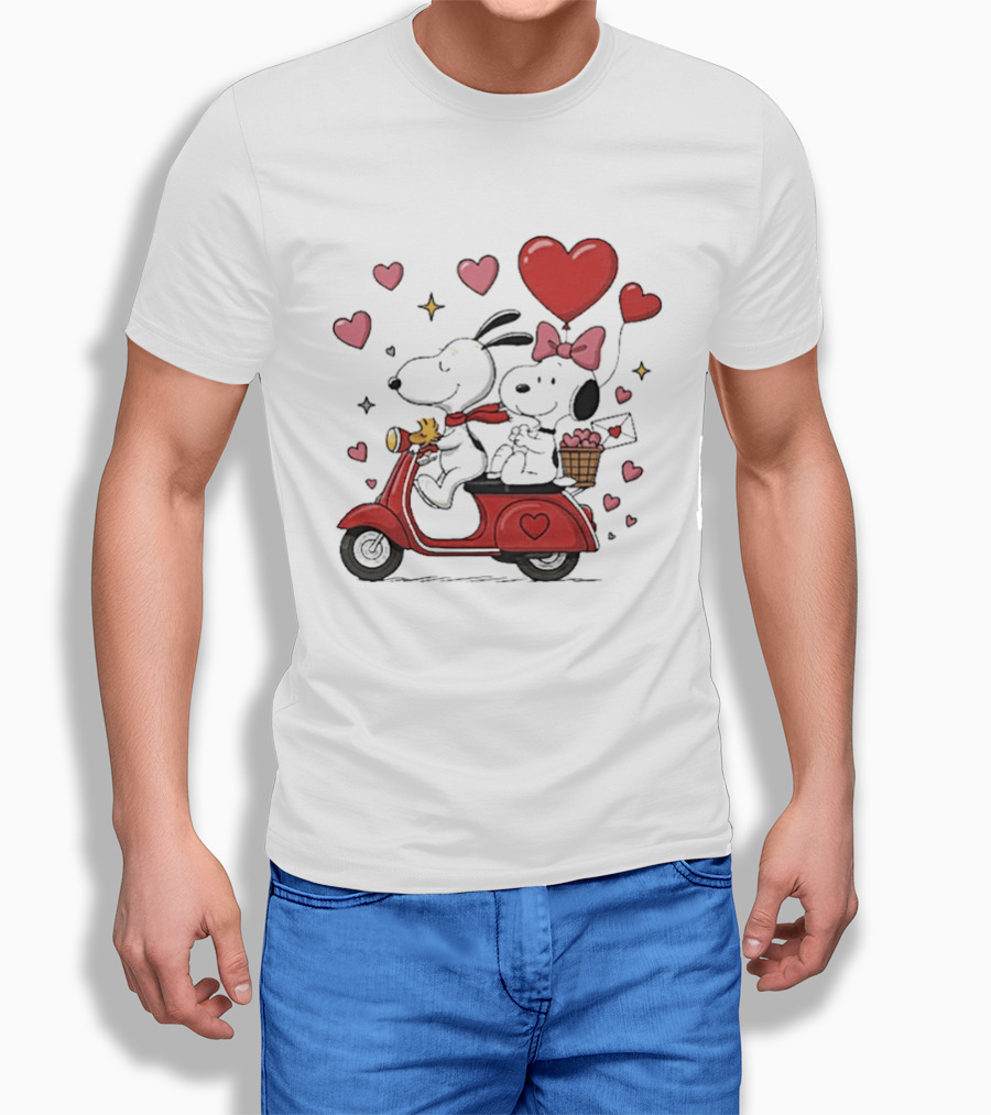 Valentines Day Snoopy Couple Riding Scooter With Hearts And Balloons T-Shirt