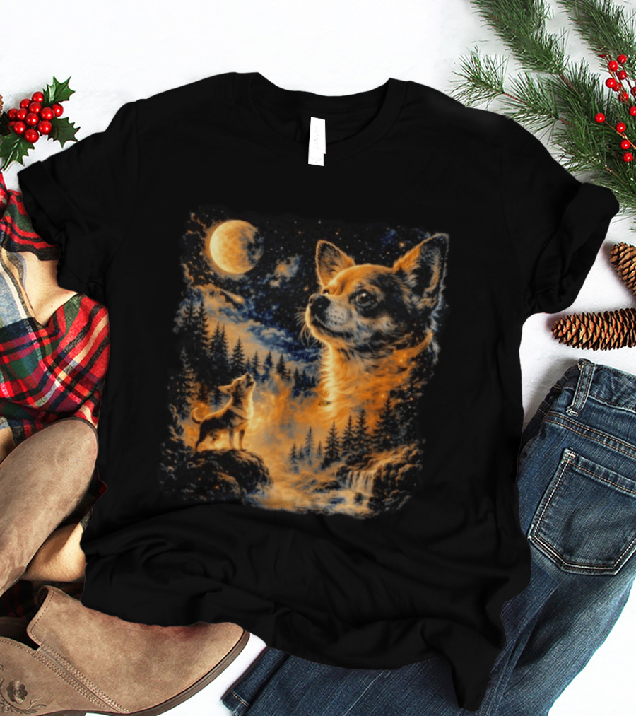 Chihuahua Howling 90s Nostalgia Moonlit Wilderness Scene T-Shirt