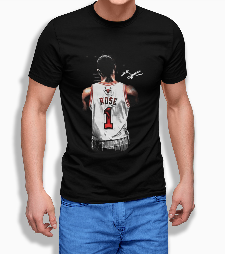 Derrick Rose Chicago Bulls Autographed Jersey Number 1 NBA T-Shirt