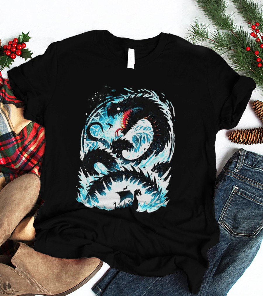 Jörmungandr World Serpent Norse Mythology Viking Ship Ocean Waves T-Shirt