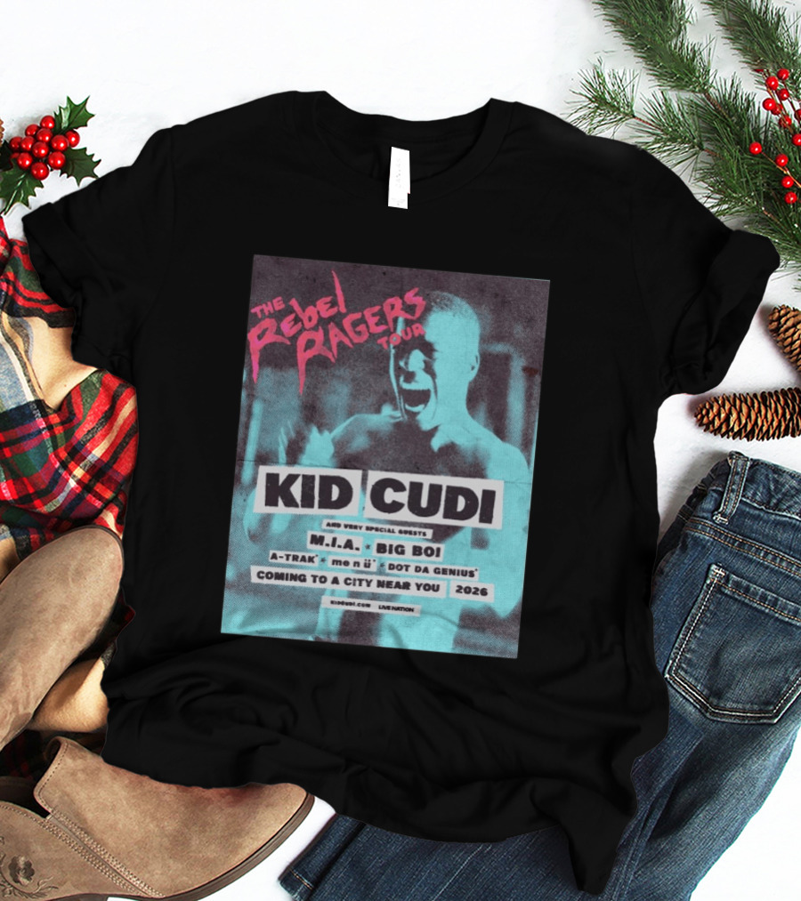 Kid Cudi The Rebel Ragers Tour 2026 Featuring M.I.A. Big Boi A Trak And Dot Da Genius T-Shirt