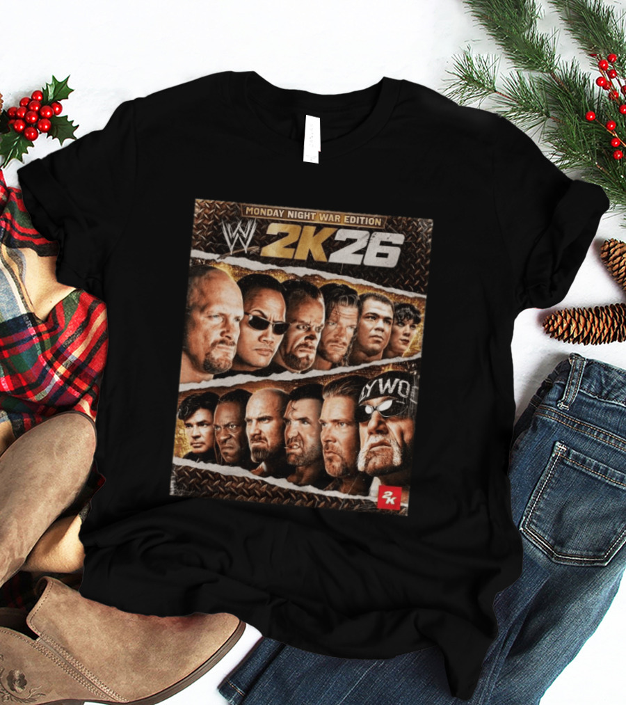 WWE 2K26 Monday Night War Edition Stone Cold Steve Austin Hollywood Hogan The Rock Shawn Michaels Triple H Cover T-Shirt