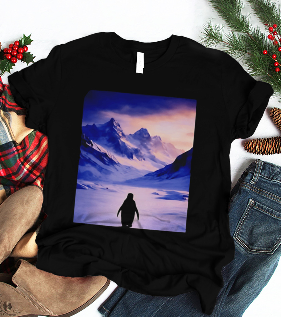 Nihilist Penguin Silhouette In Mountainous Ice Landscape T-Shirt