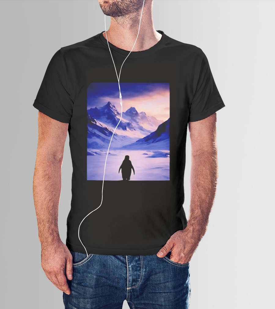 Nihilist Penguin Silhouette In Mountainous Ice Landscape T-Shirt