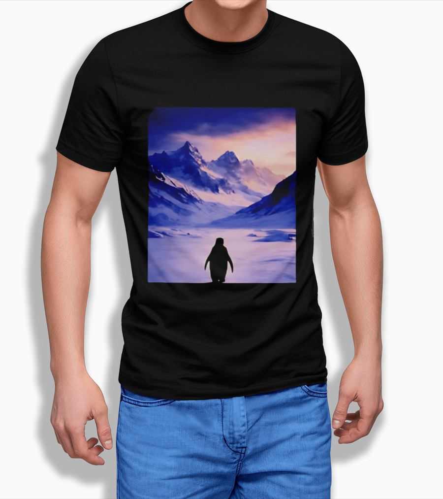 Nihilist Penguin Silhouette In Mountainous Ice Landscape T-Shirt
