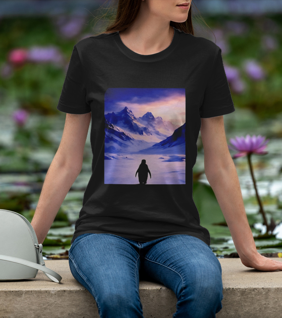 Nihilist Penguin Silhouette In Mountainous Ice Landscape T-Shirt