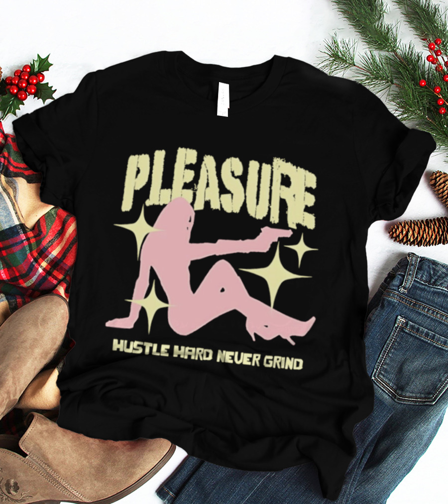 Pleasure Hustle Hard Never Grind Pink Silhouette With Stars T-Shirt