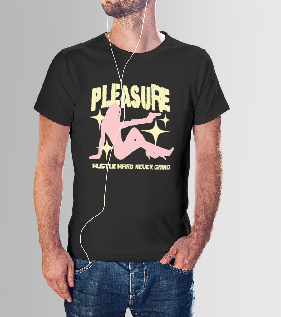 Pleasure Hustle Hard Never Grind Pink Silhouette With Stars T-Shirt