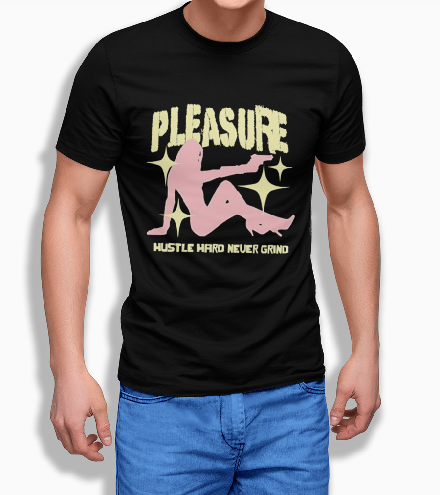 Pleasure Hustle Hard Never Grind Pink Silhouette with Stars T-Shirt