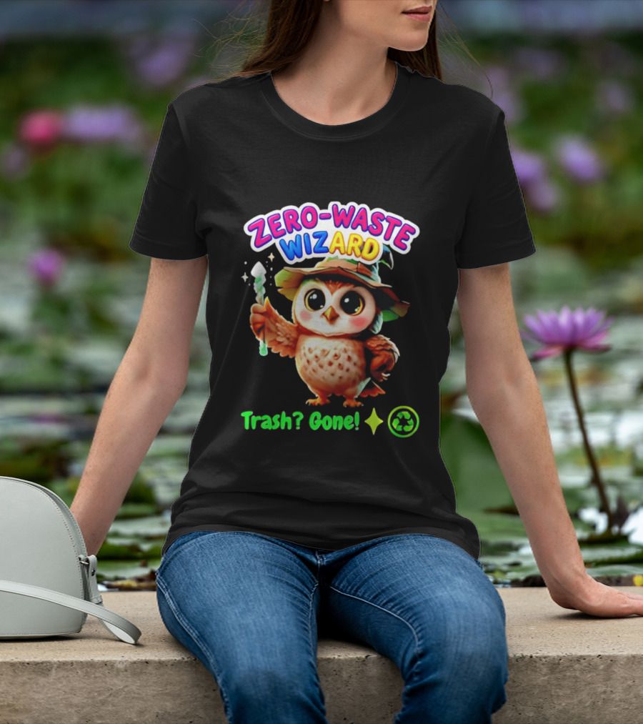 Zero Waste Wizard Owl With Magic Wand Trash Gone Recycling T-Shirt