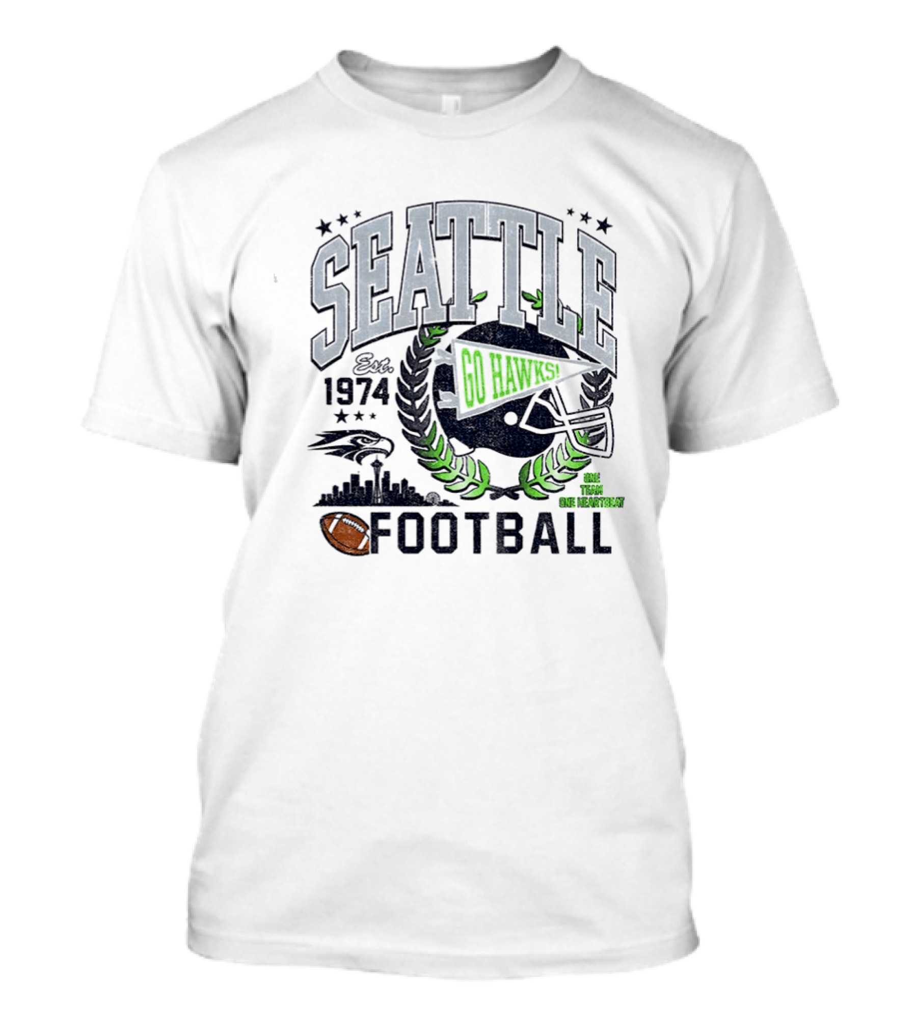 Seattle Football Go Hawks Est 1974 One Team One Heartbeat Helmet Wreath Stars T-Shirt