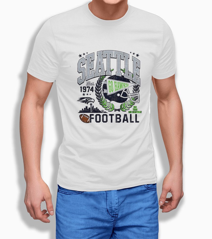 Seattle Football Go Hawks Est 1974 One Team One Heartbeat Helmet Wreath Stars T-Shirt
