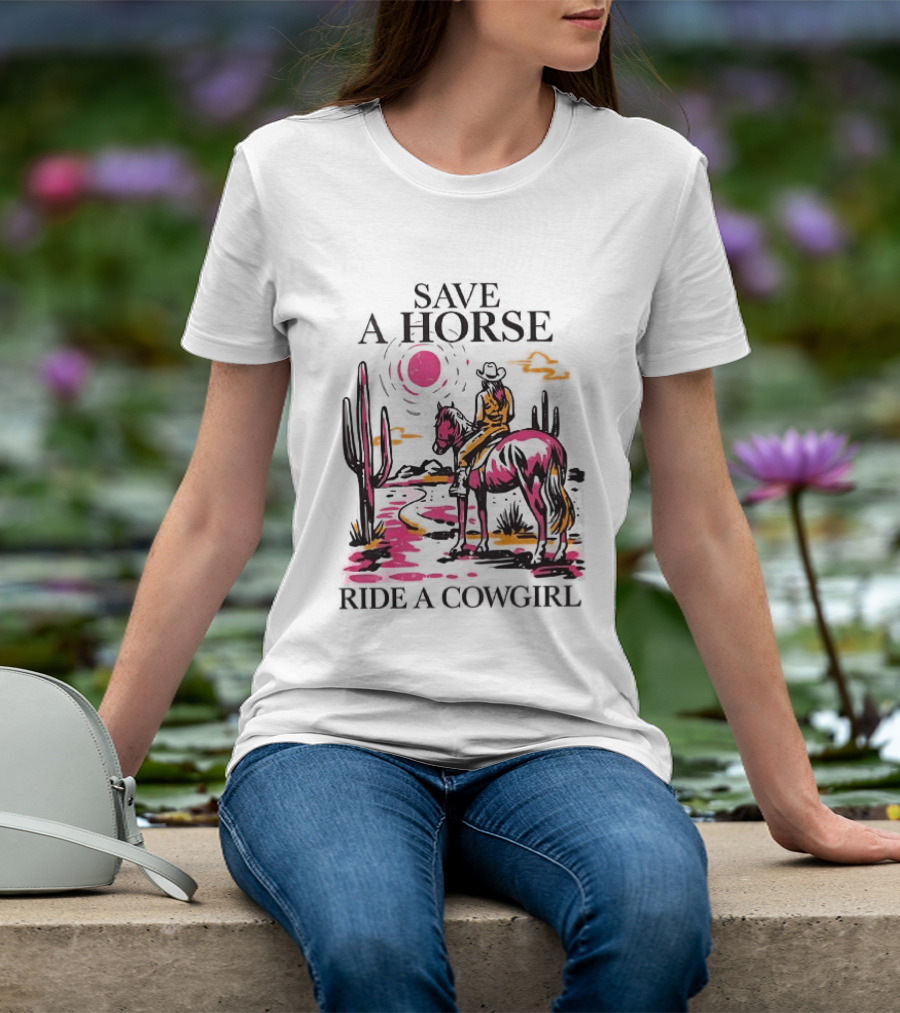 Save A Horse Ride A Cowgirl Western Desert Scene Cowboy Hat Cactus Sunset T-Shirt