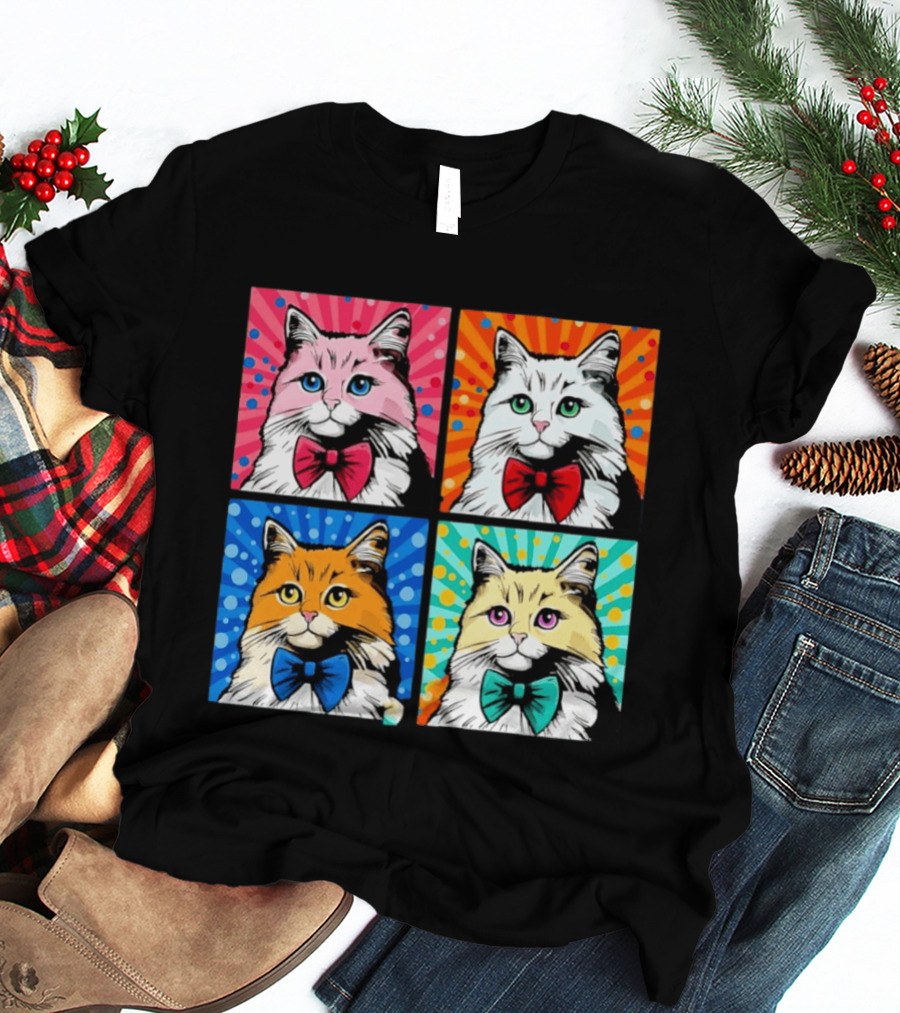 Pop Art Pop Four Panel Colorful Cats Wearing Bowties Kilkennycat T-Shirt