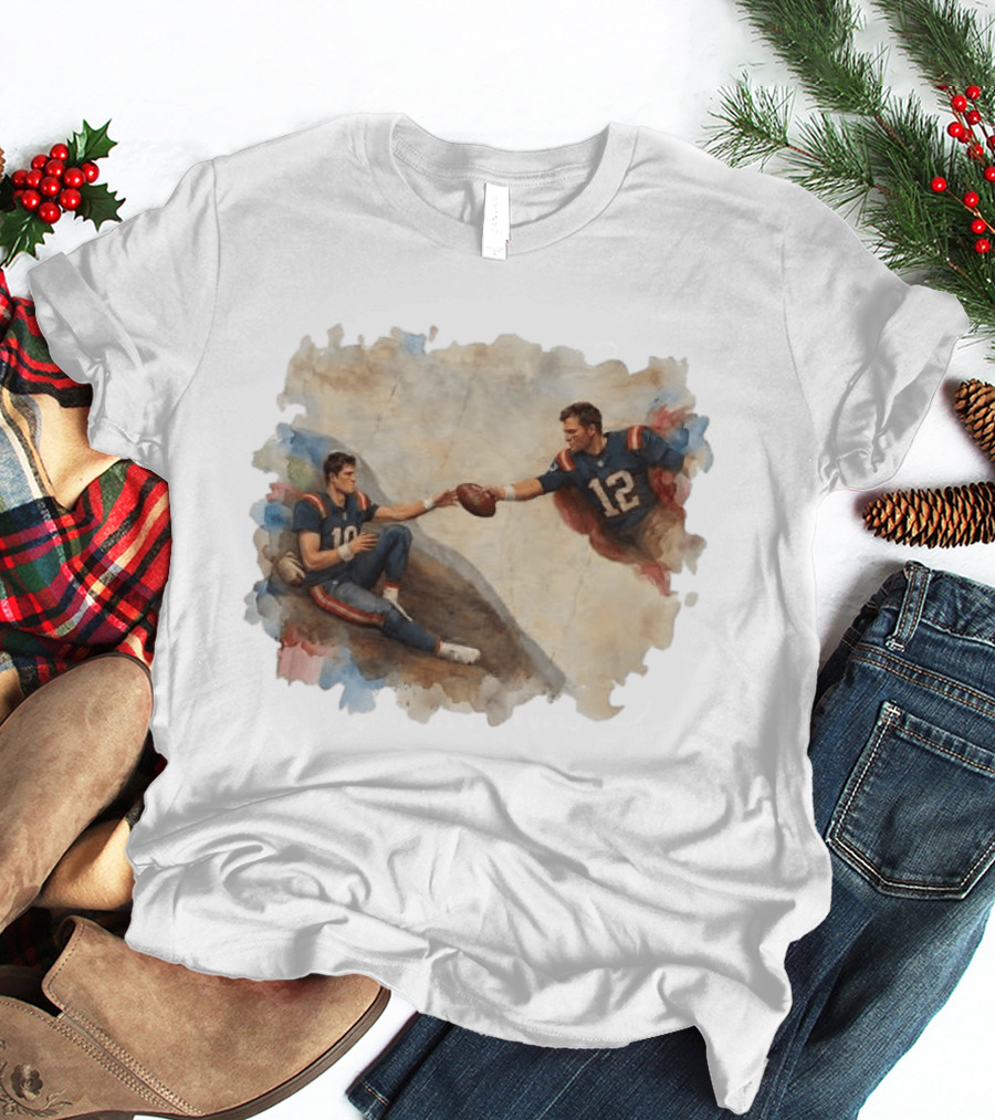 New England Football Brady Number 12 And Maye Number 10 Handing Football Painting T-Shirt