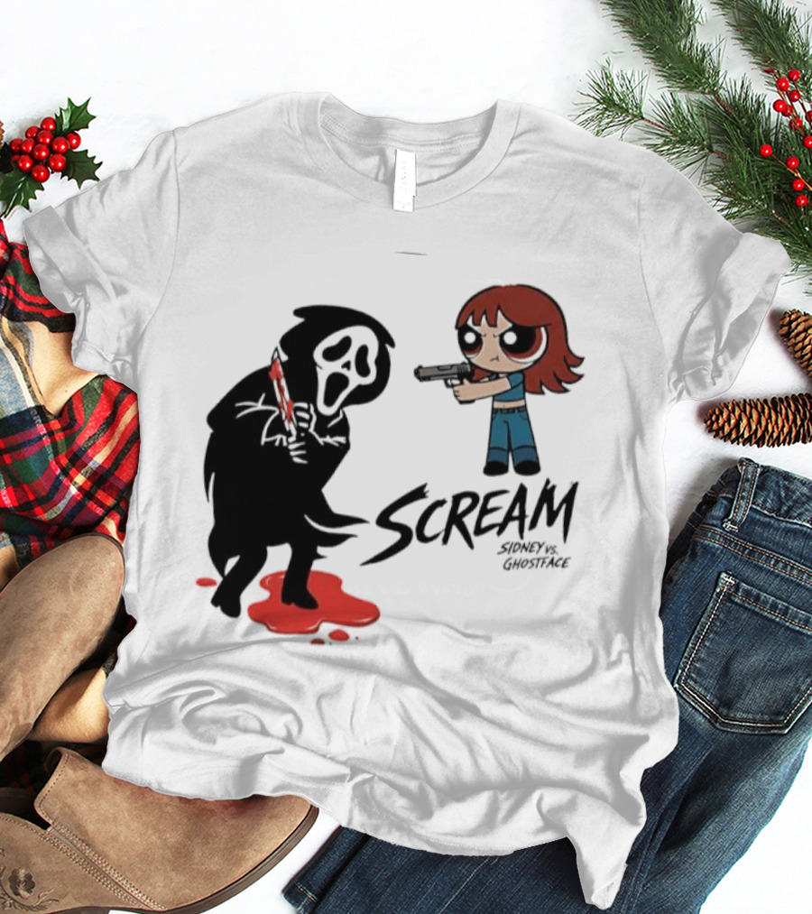 Scream Sidney Vs. Ghostface Cartoon Style Showdown With Knife And Splatter T-Shirt
