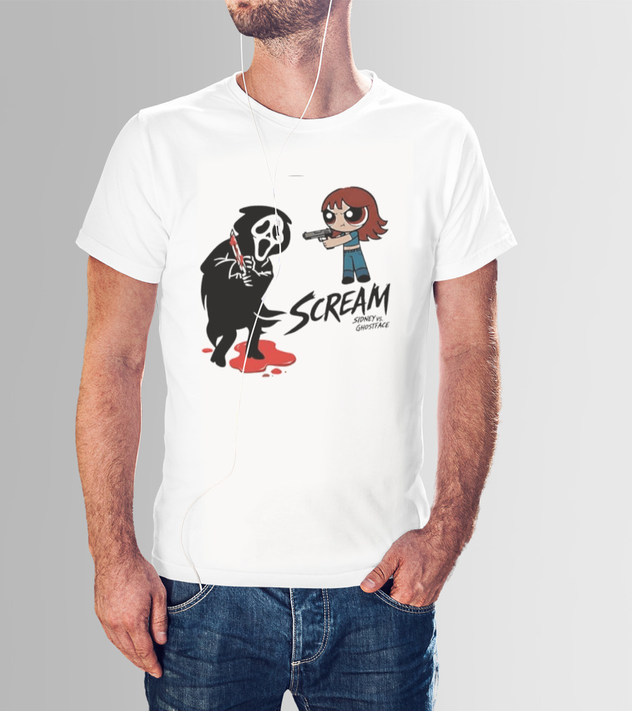 Scream Sidney Vs. Ghostface Cartoon Style Showdown With Knife And Splatter T-Shirt
