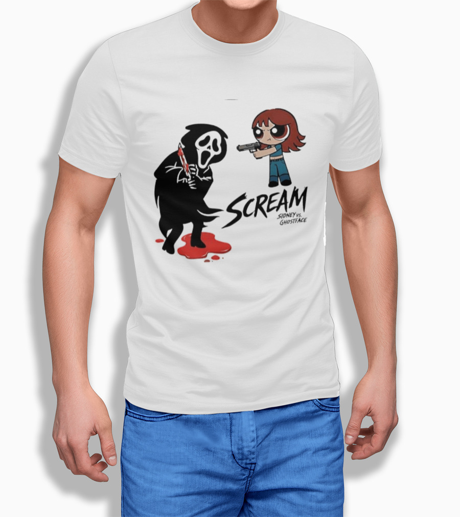 Scream Sidney Vs. Ghostface Cartoon Style Showdown With Knife And Splatter T-Shirt