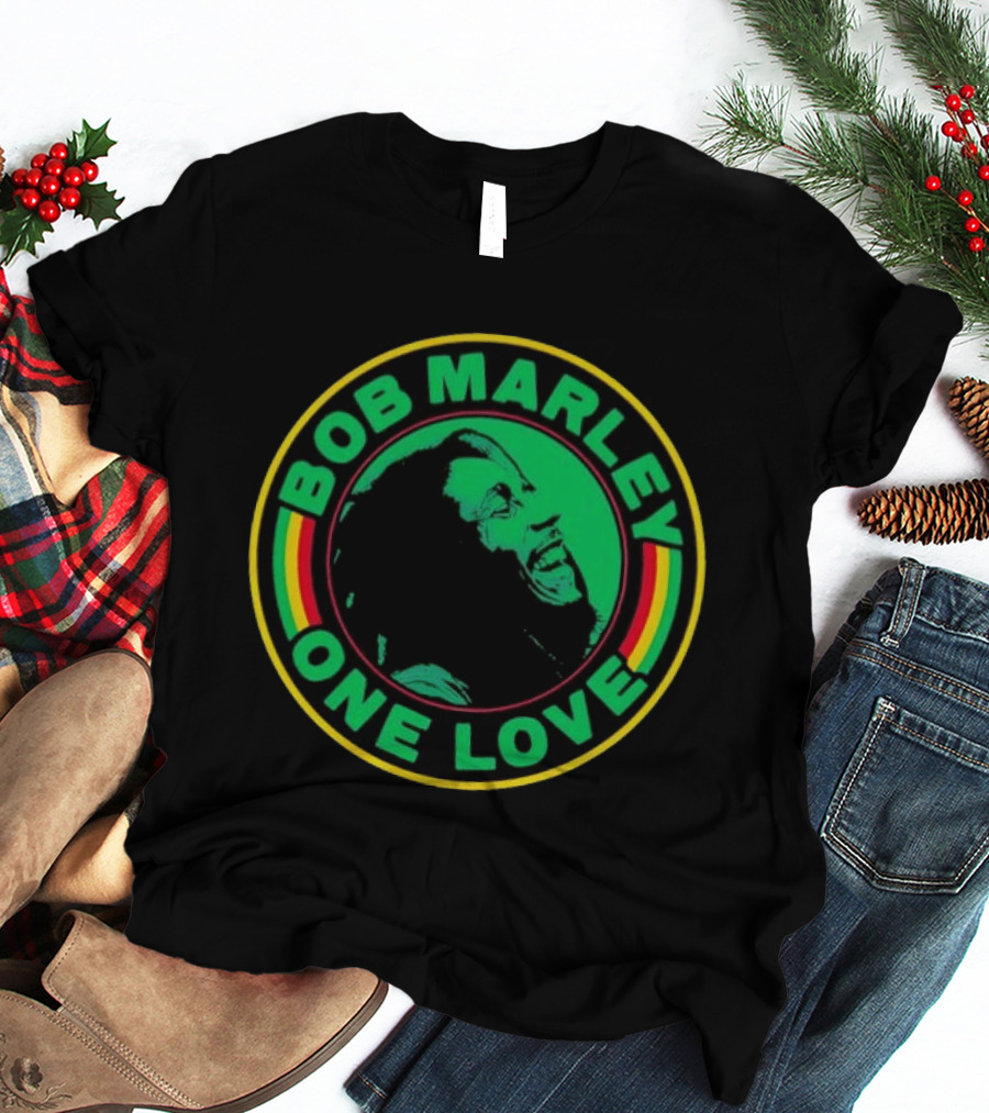 Bob Marley One Love Iconic Circle Emblem With Green And Red Highlights T-Shirt