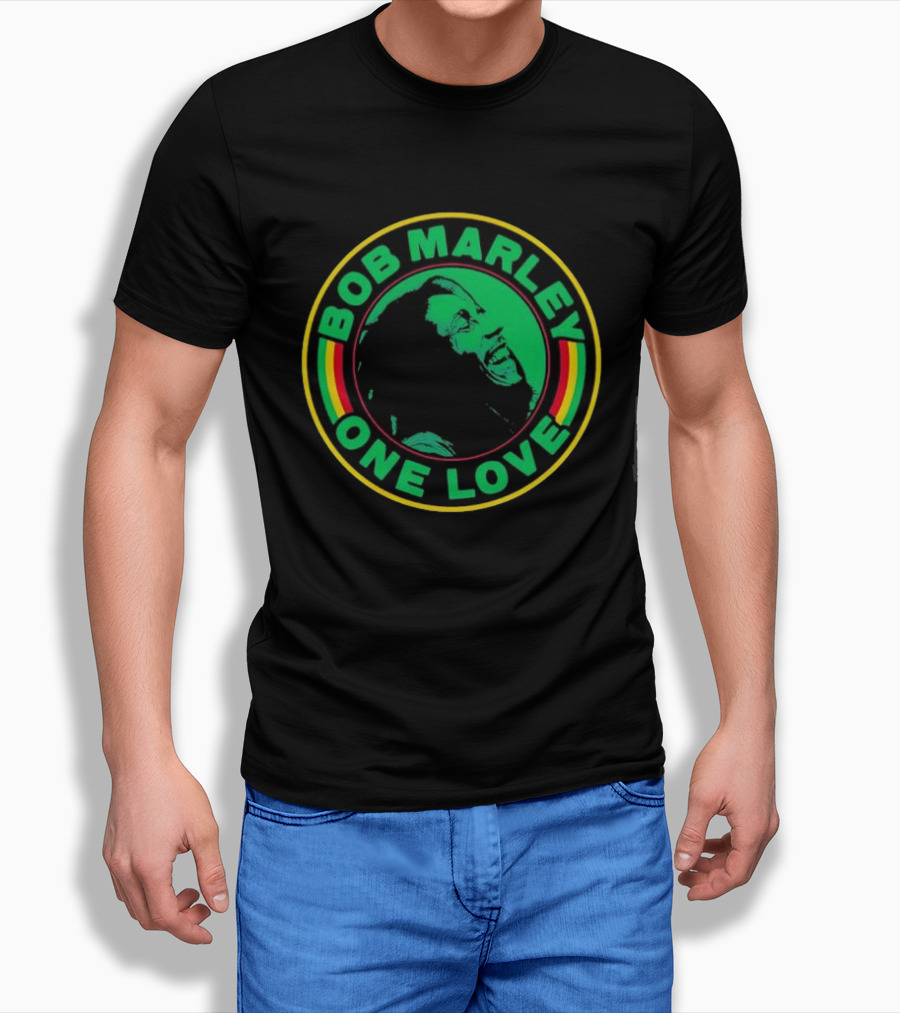 Bob Marley One Love Iconic Circle Emblem With Green And Red Highlights T-Shirt