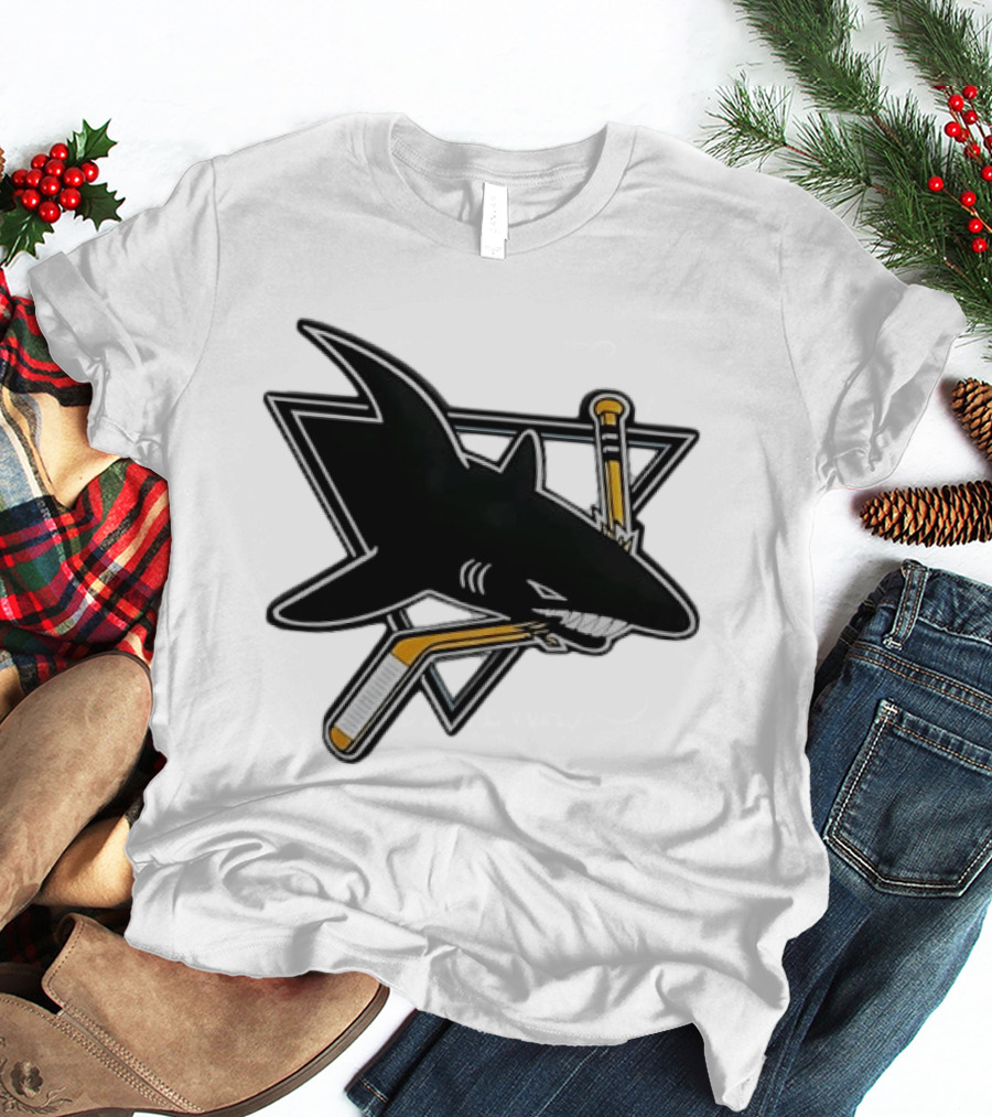 San Jose Sharks Biting Hockey Stick Triangle Sports T-Shirt
