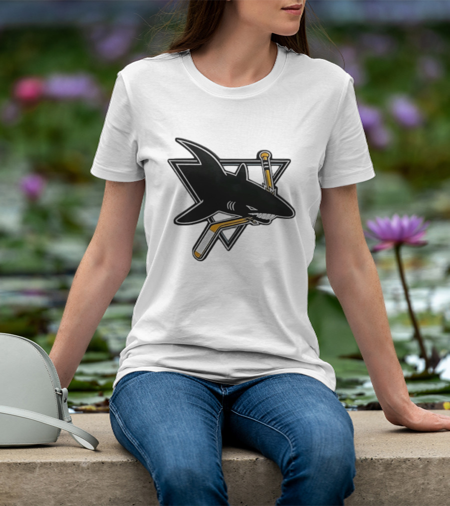 San Jose Sharks Biting Hockey Stick Triangle Sports T-Shirt