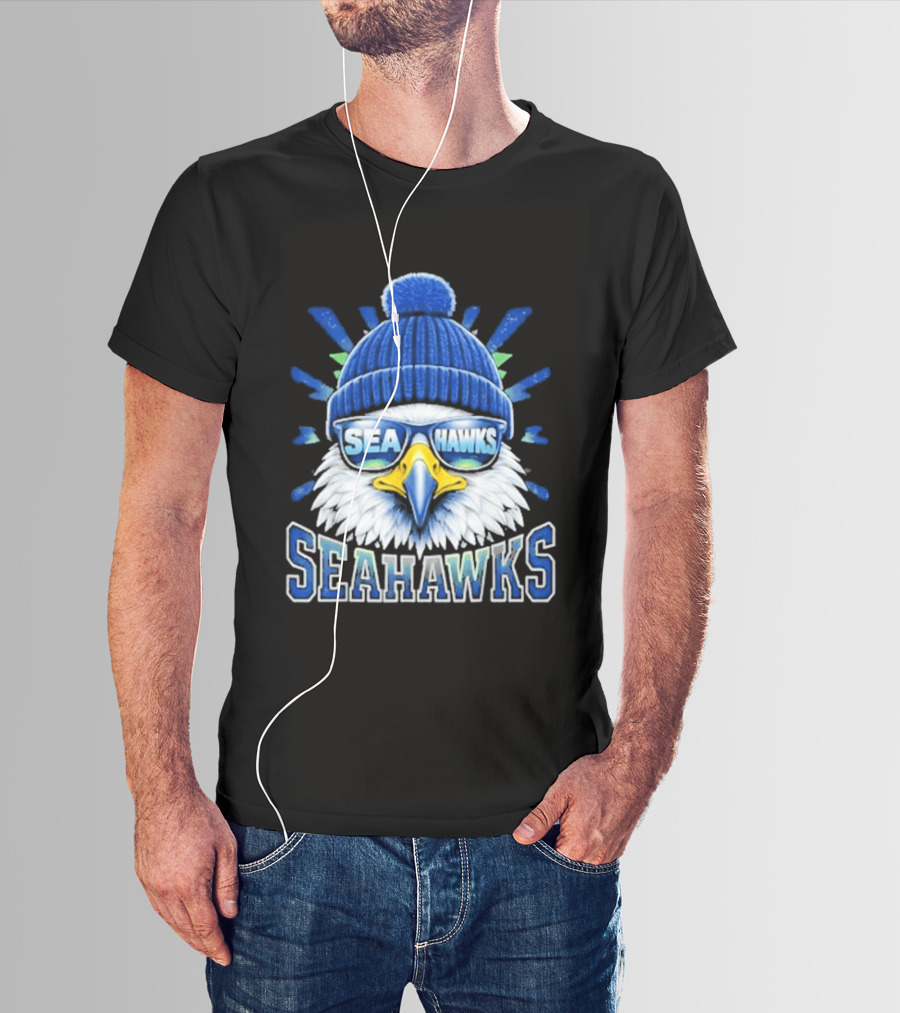 Seahawks Eagle Face With Sunglasses And Winter Hat T-Shirt