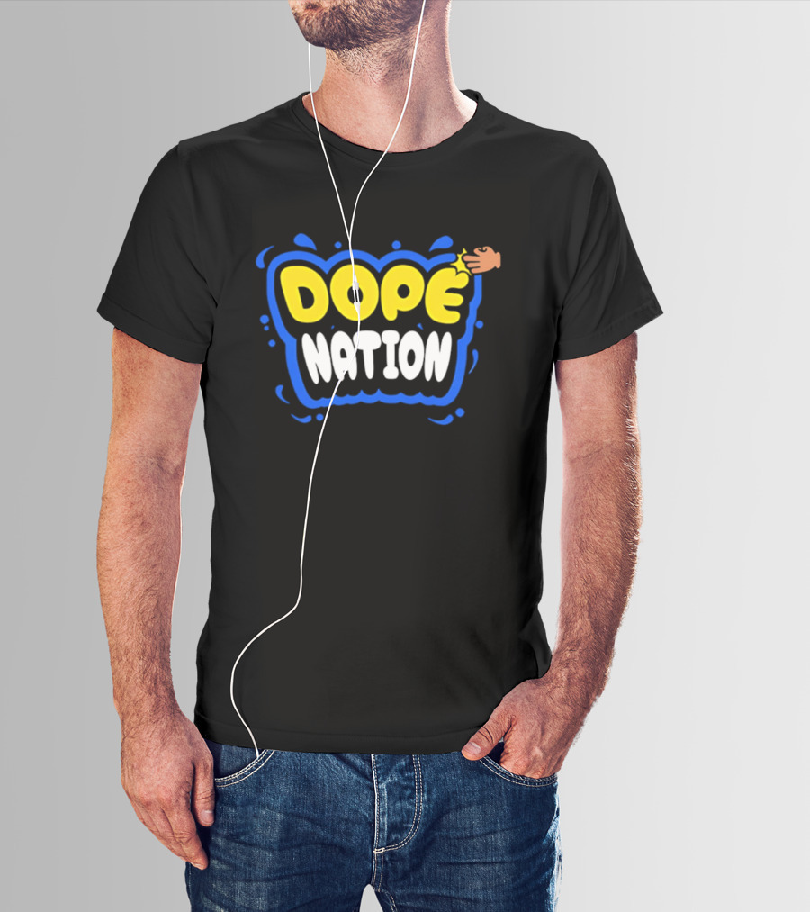 Dope Nation Bubble Letters With Yellow Hand And Blue T-Shirt
