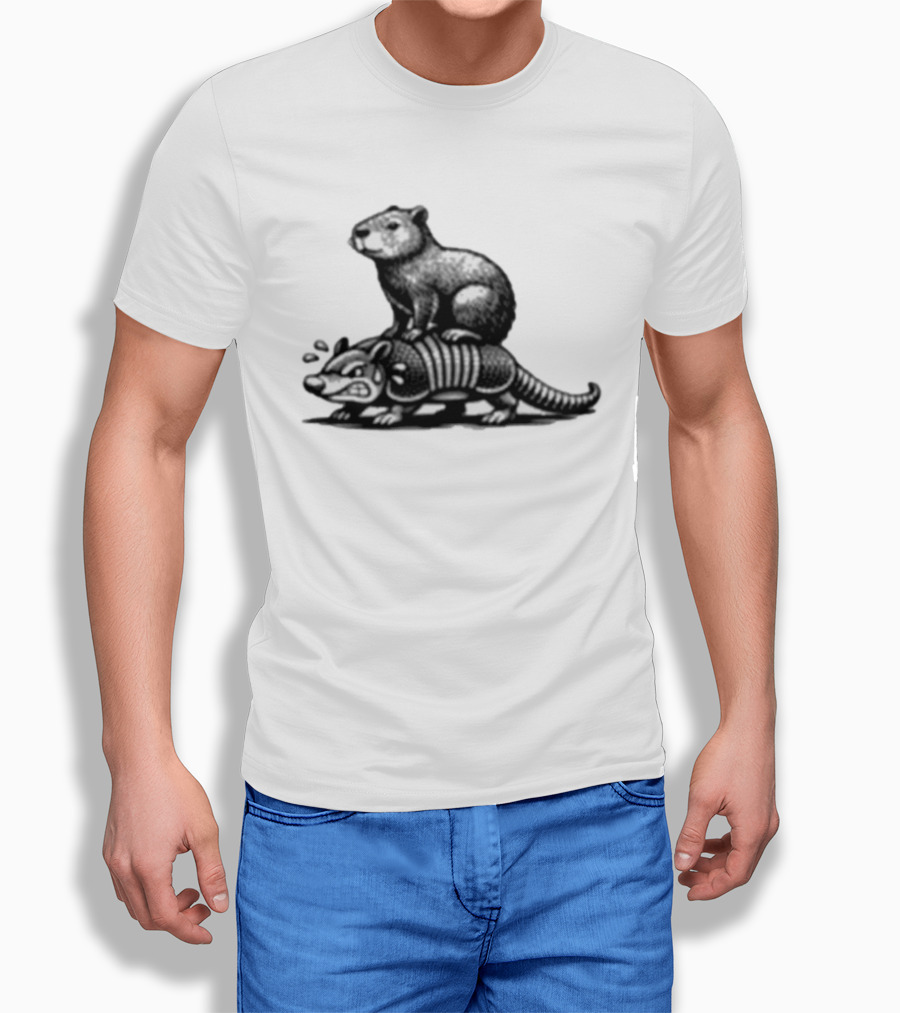 Capybara Riding Armadillo Black And White Illustration Adventure T-Shirt