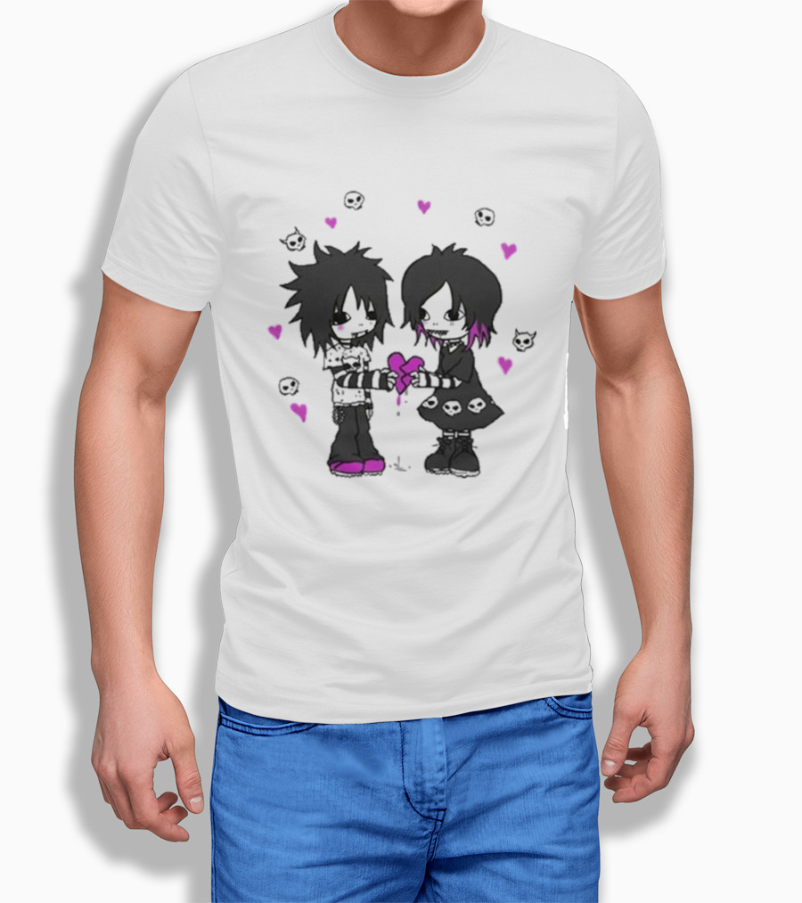 Goodie Two Sleeves Zombie Love Emo Couple Heart Skulls Pink Black T-Shirt