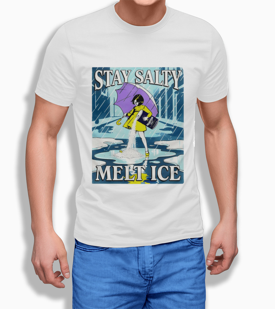 Morton Salt Stay Salty Melt ICE Umbrella Girl Retro Rain Scene T-Shirt