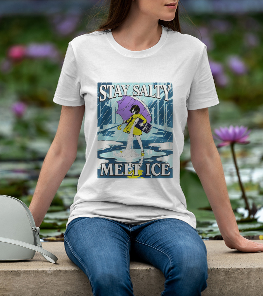 Morton Salt Stay Salty Melt ICE Umbrella Girl Retro Rain Scene T-Shirt