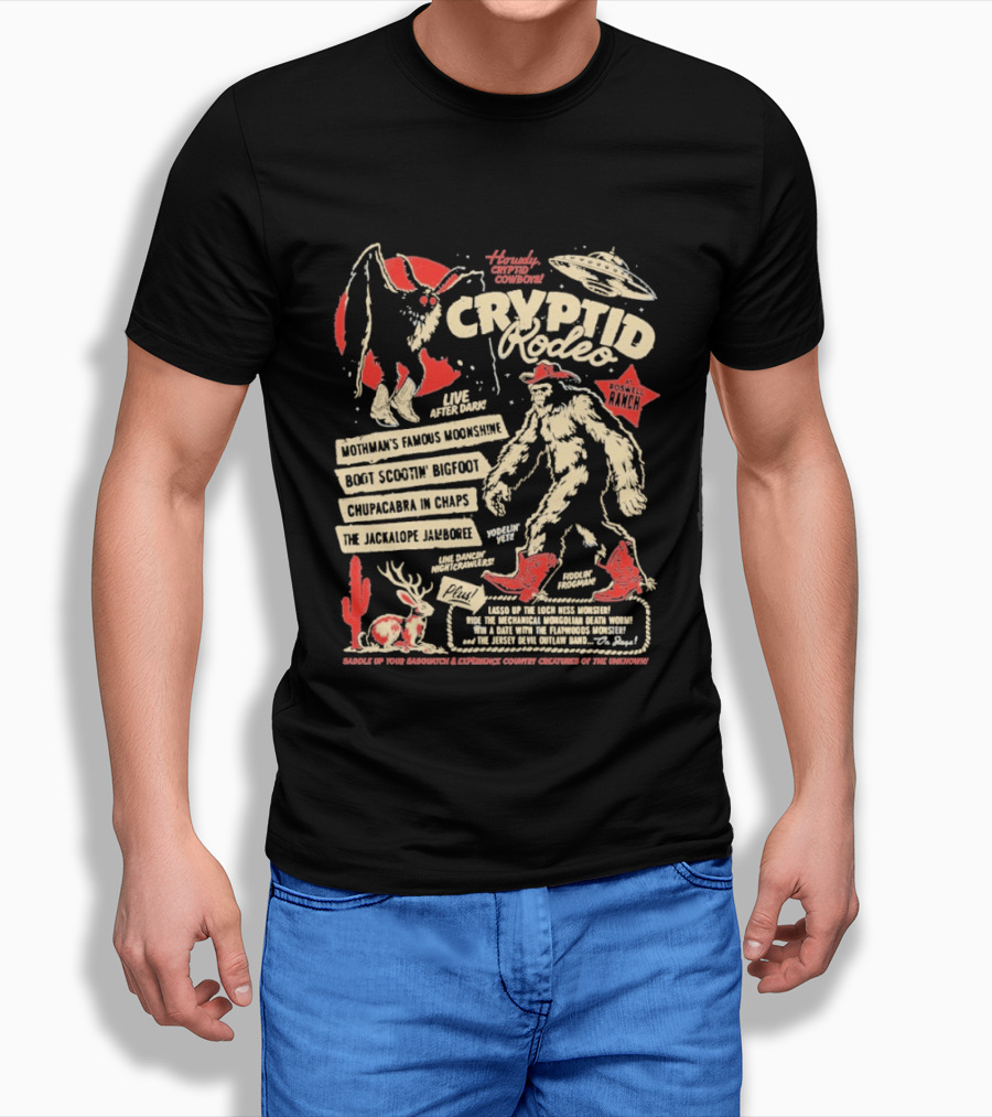 Howdy Cryptid Rodeo Yeti Sasquatch UFO Cactus Jackalope Chupacabra T-Shirt