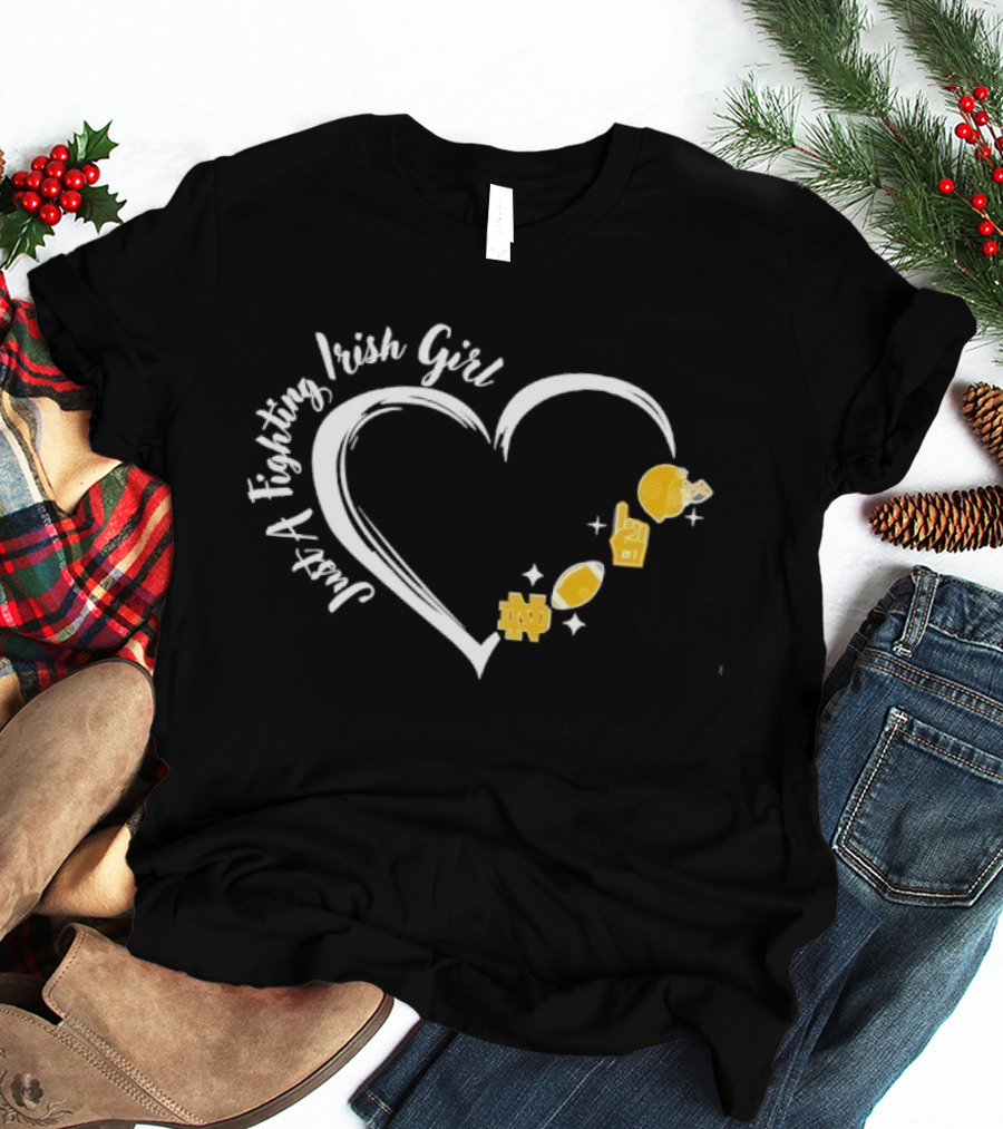 Just A Notre Dame Fighting Irish Girl Heart With Football Icons And Gold Accents T-Shirt