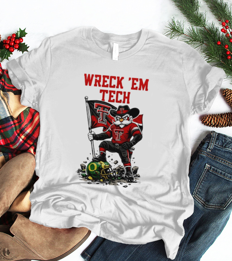Wreck 'Em Tech Texas Tech Red Raiders Raider Red Flag And Helmet T-Shirt