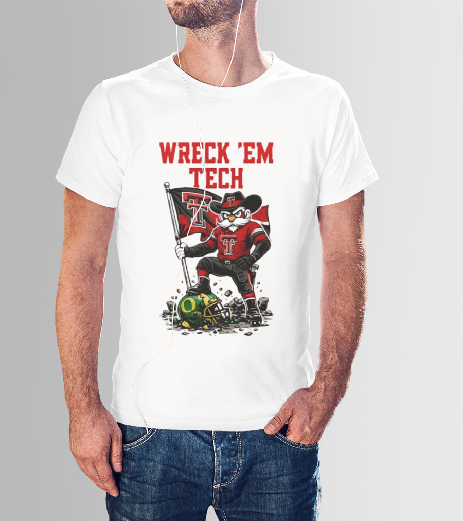 Wreck 'Em Tech Texas Tech Red Raiders Raider Red Flag And Helmet T-Shirt