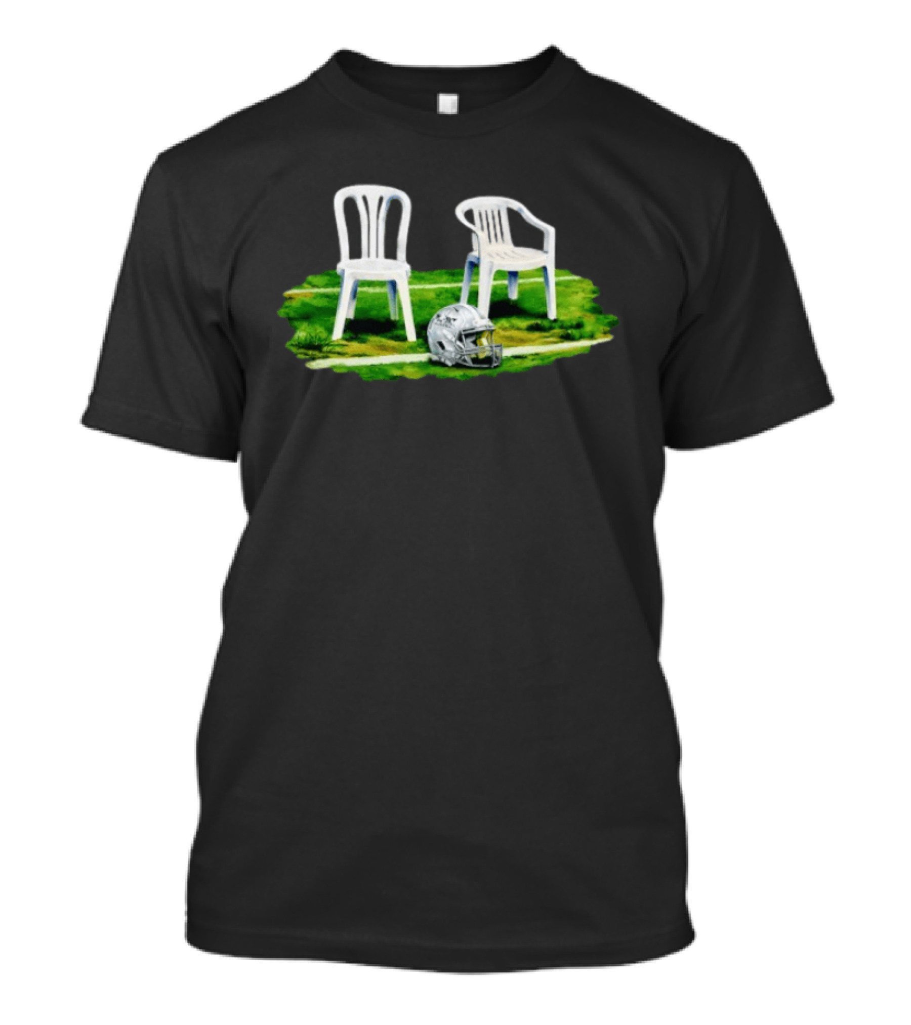 Bad Bunny Super Tazón Chairs Two White Seats Helmet Grass T-Shirt