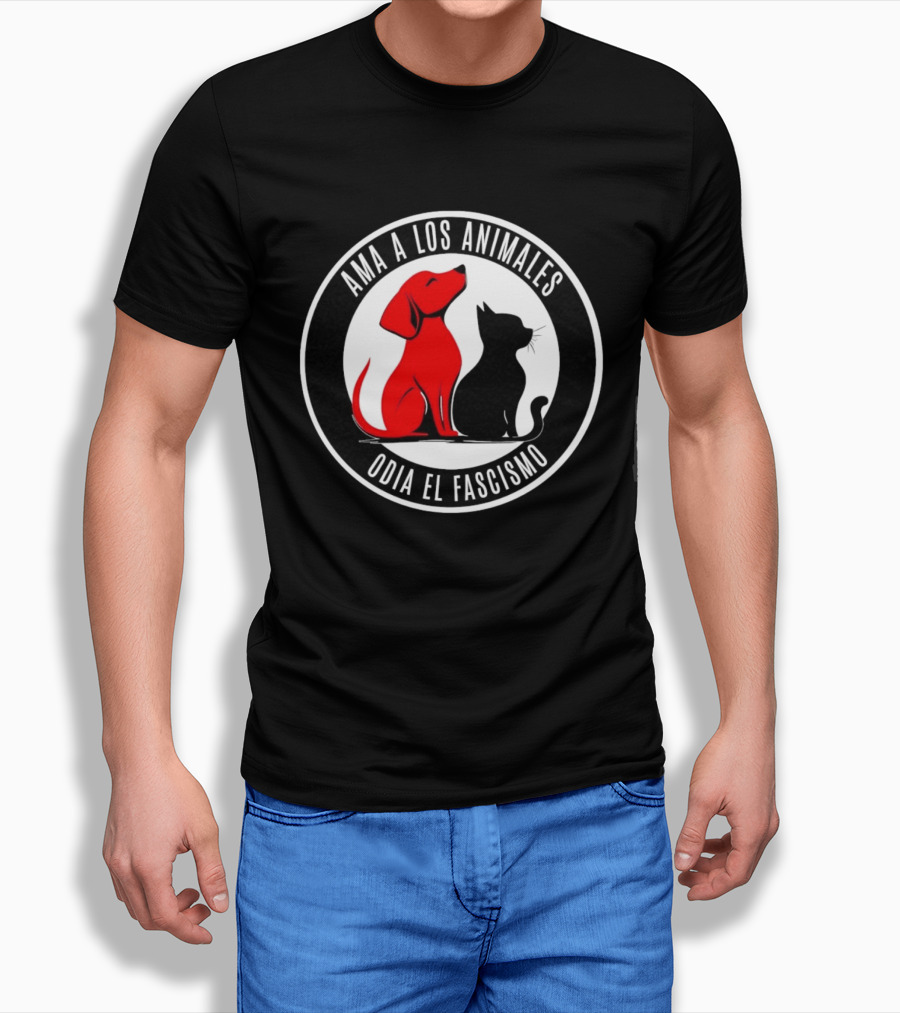 Ama A Los Animales Odia El Fascismo Perro Rojo Gato Negro Círculo Blanco Negro T-Shirt