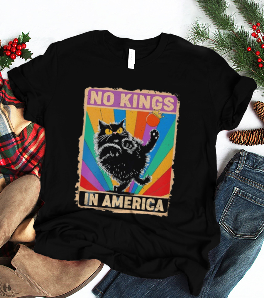 No Kings In America Black Cat Anti Trump Rainbow Kingslayer T-Shirt