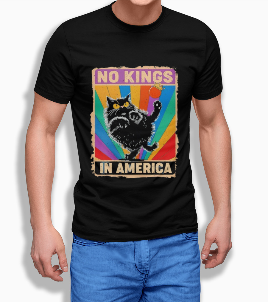 No Kings In America Black Cat Anti Trump Rainbow Kingslayer T-Shirt