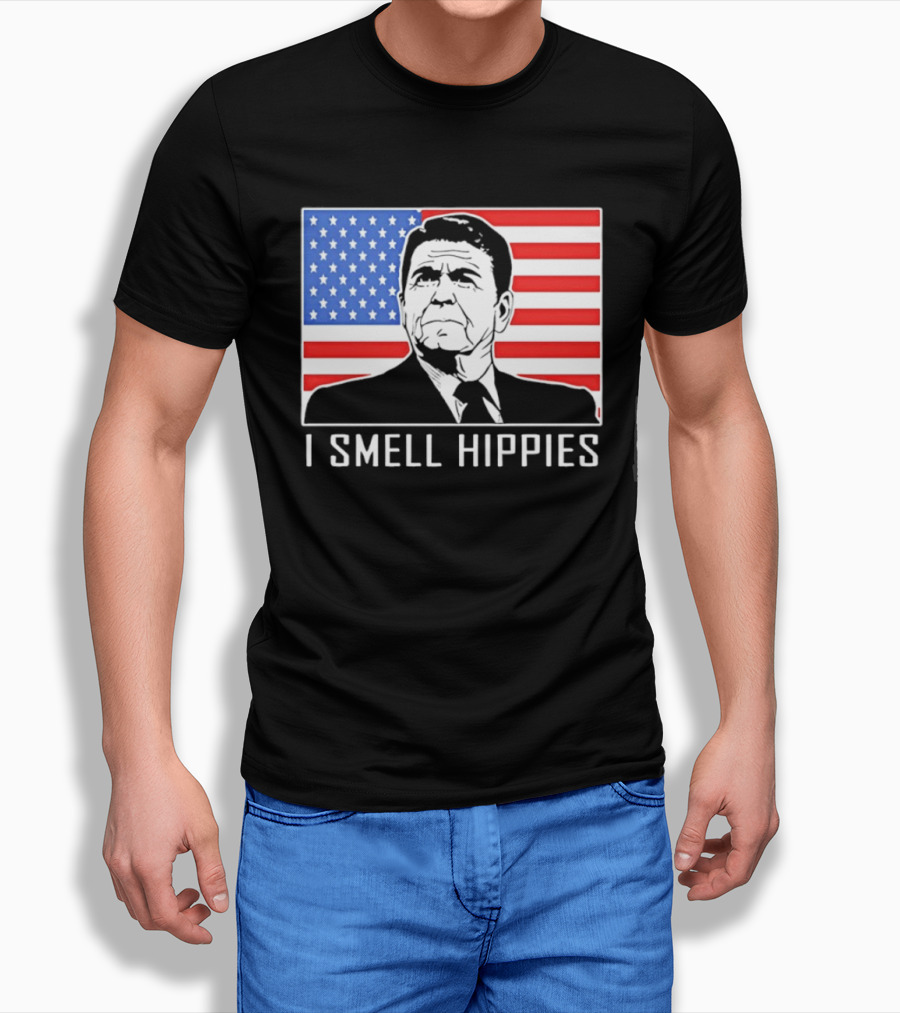 I Smell Hippies Ronald Reagan American Flag Stars And Stripes T-Shirt