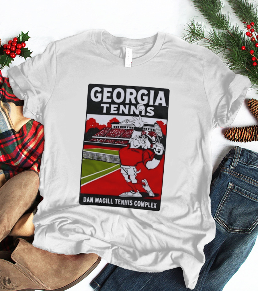 Georgia Tennis Dan Magill Tennis Complex Cartoon Character Court Scene T-Shirt