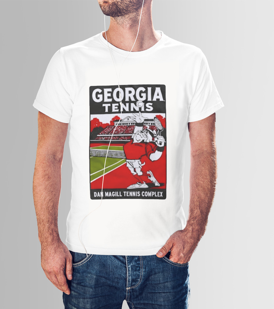Georgia Tennis Dan Magill Tennis Complex Cartoon Character Court Scene T-Shirt