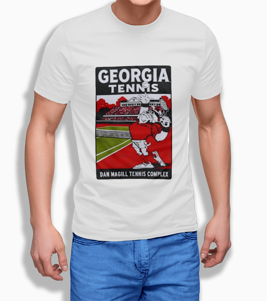 Georgia Tennis Dan Magill Tennis Complex Cartoon Character Court Scene T-Shirt