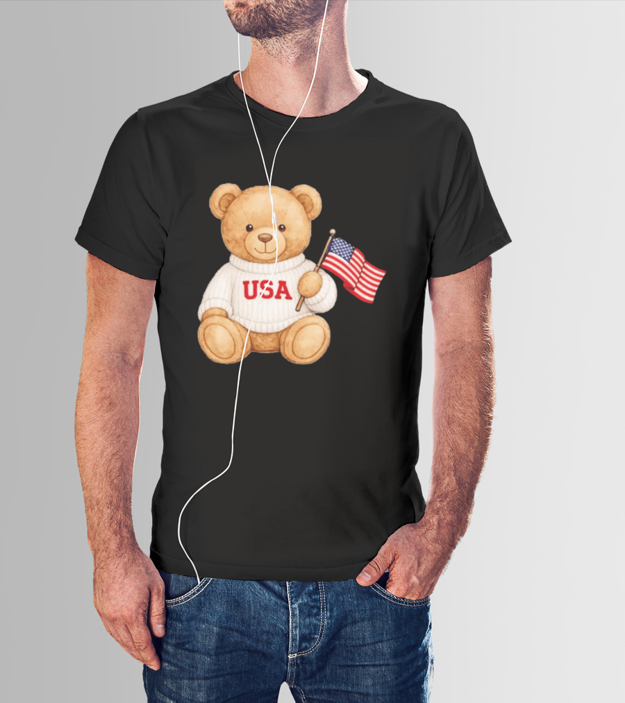 USA Teddy Bear Holding American Flag T-Shirt