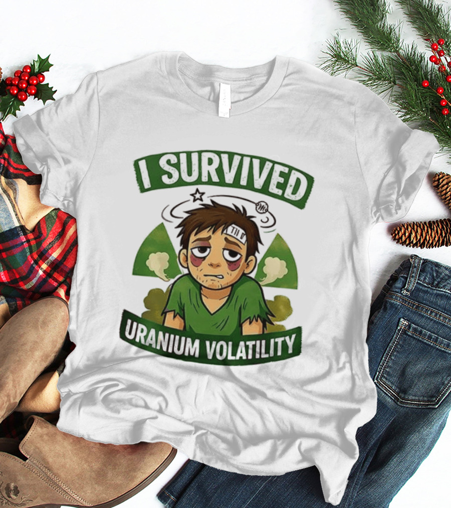 I Survived Uranium Volatility Exhausted Cartoon Character Wearing Torn Green T-Shirt