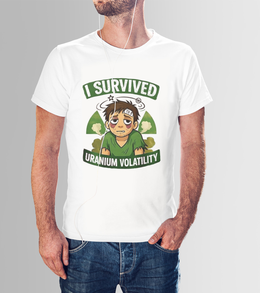 I Survived Uranium Volatility Exhausted Cartoon Character Wearing Torn Green T-Shirt